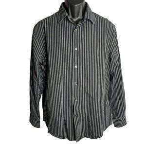 Perry Ellis Button Up Long Sleeves Shirt L Black White Striped Point Collar